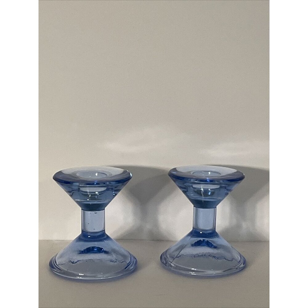 Candle Blue Clear Glass Taper Candle Holder Set Of Two Approximately 3" Tall